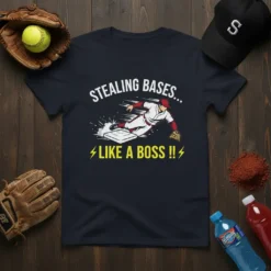 Stealing Bases Like A Boss baseball quote t-shirt featuring a player sliding into a base