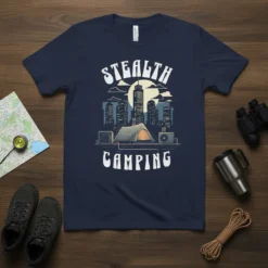 Stealth Camping t-shirt design featuring a tent set up in a city skyline with moon and clouds