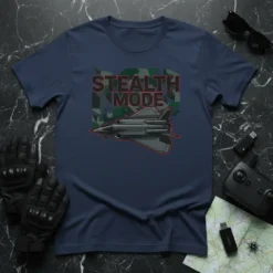 Stealth Mode T-Shirt with a graphic of a stealth fighter jet and camouflage background