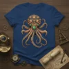 Steampunk octopus graphic with clockwork gears and gears, on a dark blue t-shirt