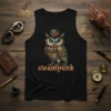 Steampunk owl design on a black tank top, featuring mechanical gears and a top hat