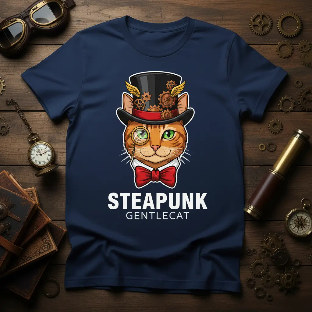 Steapunk Gentlecat t-shirt design with a whimsical cat wearing a top hat and monocle, featuring gears and bold text