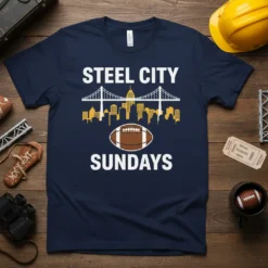 Steel City Sundays t-shirt design with white text, city skyline, and football graphic