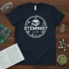 STEMINIST i = ♀ text with female and male symbols, gears, circuits, and books on a navy t-shirt