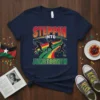 Steppin Into Juneteenth t-shirt design with silhouetted figures running on a rainbow path, bold text celebrating Juneteenth
