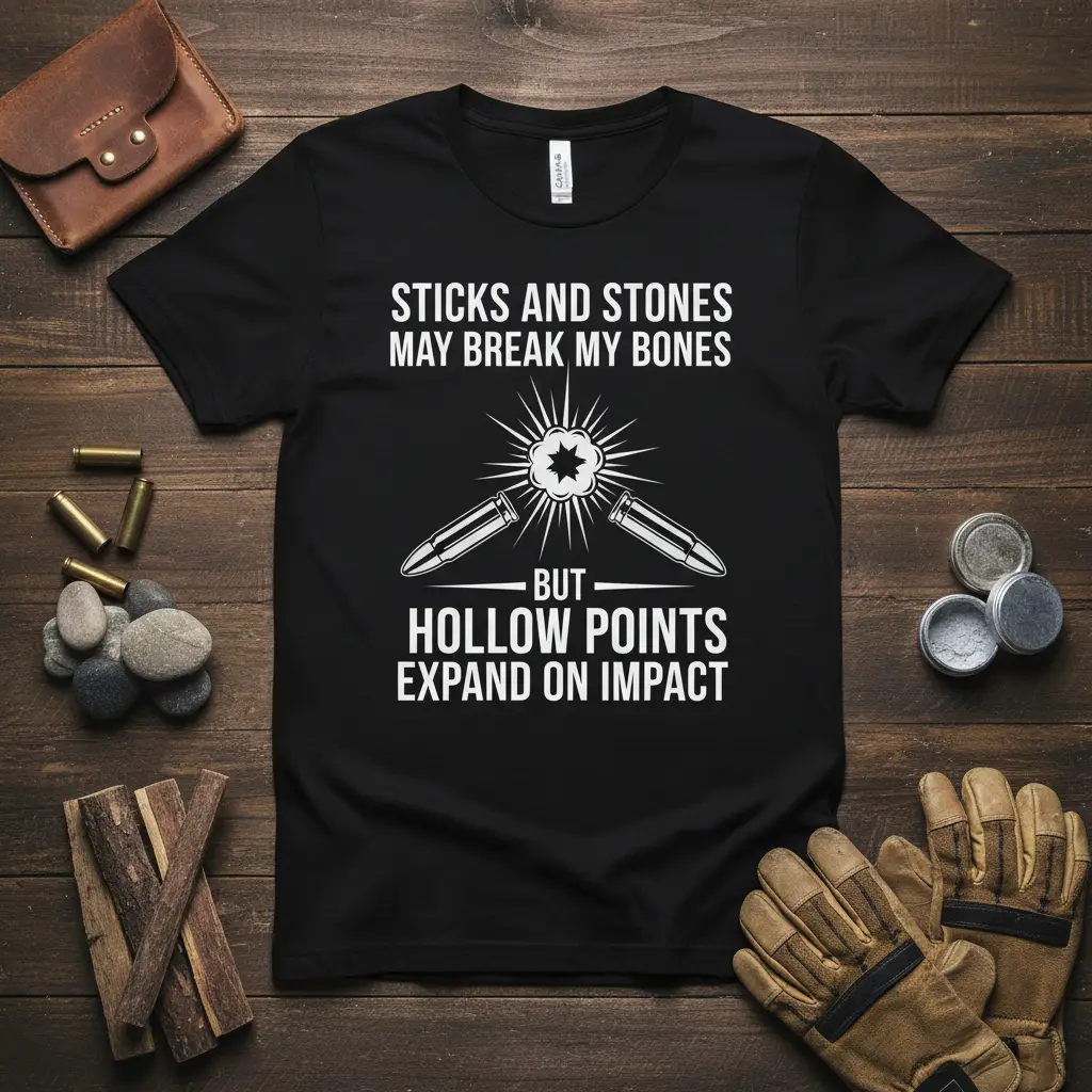 Sticks and Stones May Break My Bones Funny Gun T-Shirt