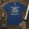 Still Plays With Blocks t-shirt with a V8 engine graphic and distressed typography