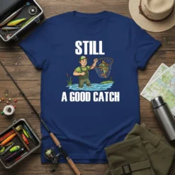 Still A Good Catch funny fishing quote t-shirt with a cartoon angler holding a net full of fish