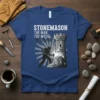 Stonemason The Man The Myth The Legend quote on a blue t-shirt with a graphic of a stonemason working on