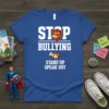 Stop Bullying Stand Up Speak Out t-shirt with bold white text and handshake graphics, promoting anti-bullying awareness