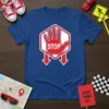 STOP hand gesture t-shirt design with red STOP text inside a white hexagon and two red arrows pointing down