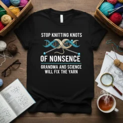 Black t-shirt with white text "STOP KNITTING KNOTS OF NONSENSE GRANDMA AND SCIENCE WILL FIX THE YARN" and a graphic