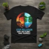 Stop Pollution Save The Planet Save Yourself t-shirt with a circular design showing industrial pollution versus a healthy natural environment