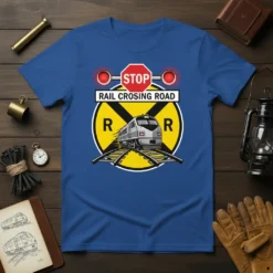 Stop Rail Crossing Road text and train graphic on a blue t-shirt, ideal for train enthusiasts