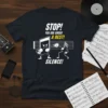 STOP! YOU ARE UNDER A REST! SILENCE! text with cartoon musical notes fighting on a music staff, white and yellow