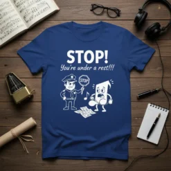 Funny music pun t-shirt with "STOP! You're under a rest!!!" text, featuring a police officer arresting a musical note character