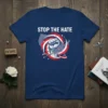 Navy blue t-shirt with "STOP THE HATE" text above a graphic of a fist breaking chains with a patriotic swirl