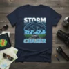 Storm Chaser T-Shirt design featuring a car driving towards multiple tornadoes under a stormy sky