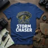 Storm Chaser t-shirt design featuring a stylized tornado graphic with lightning and bold white text "STORM CHASER"