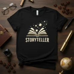 Storyteller t-shirt with an open book design, stars, and planets emanating from the pages