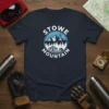 Stowe Mountain ski resort graphic t-shirt with vintage circular design, featuring mountains, ski lift, and village buildings