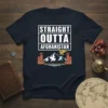 Straight Outta Afghanistan text graphic t-shirt design with mountains, castle towers, and eagle