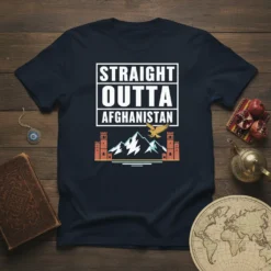 Straight Outta Afghanistan text graphic t-shirt design with mountains, castle towers, and eagle