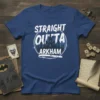 Straight Outta Arkham t-shirt featuring white text and a silhouette of Arkham Asylum graphic