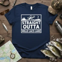 Straight Outta Mille Lacs Lake fishing t-shirt with a fish graphic and lake scene