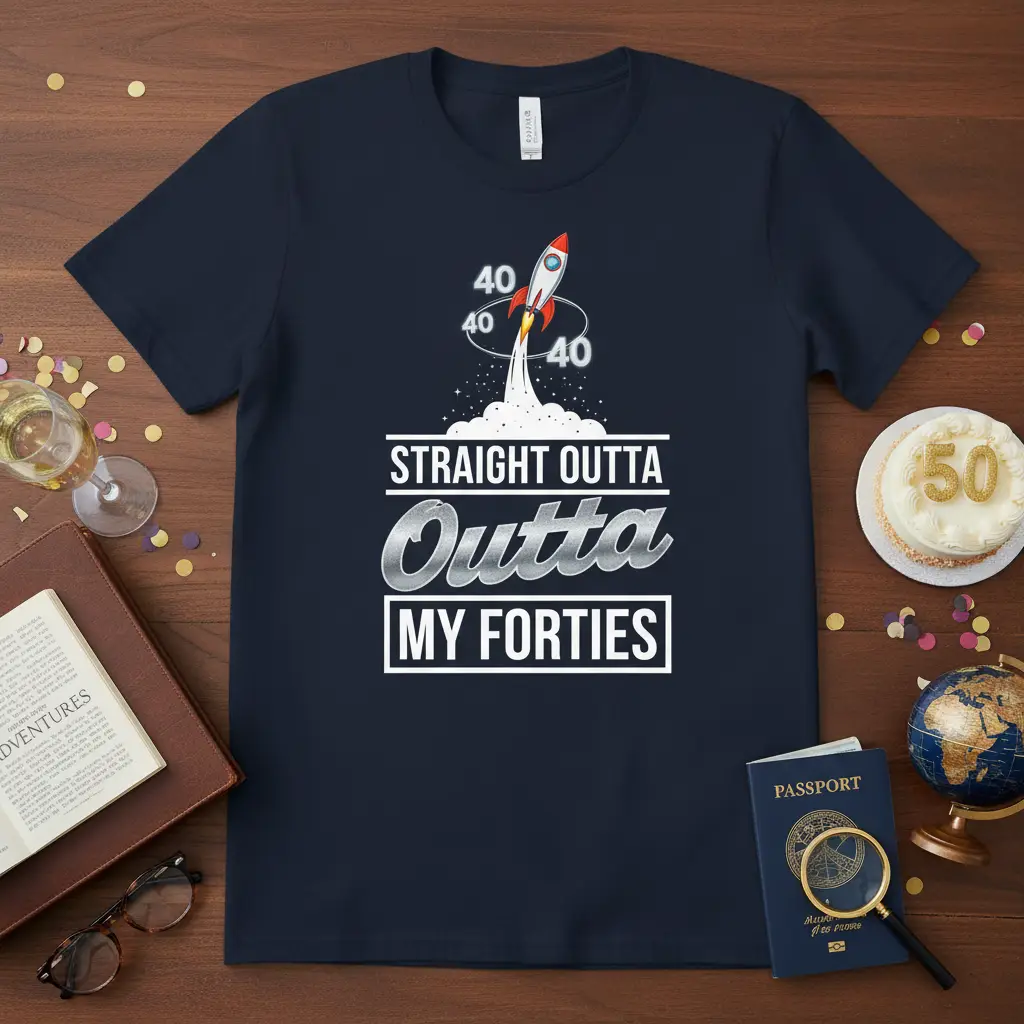 Straight Outta My Forties t-shirt featuring a rocket launching with '40' numbers, celebrating a 40th birthday