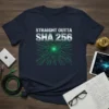 Straight Outta SHA 256 text design with green circuit board pattern and central glow on a navy t-shirt, crypto and