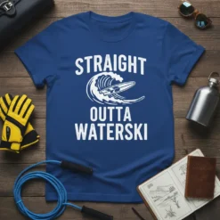 Straight Outta Water Ski t-shirt with wave and waterski graphic, blue shirt, white text