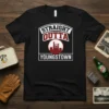 Straight Outta Youngstown text and industrial graphic on a black t-shirt, representing Ohio pride