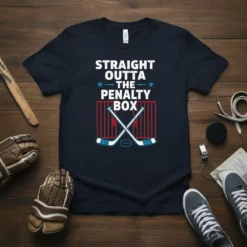 Straight Outta The Penalty Box text with hockey sticks and puck graphic on a navy t-shirt
