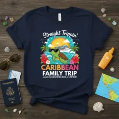 Straight Trippin' Caribbean Family Trip t-shirt with a cartoon turtle wearing sunglasses on a cruise ship with palm trees