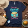 Straight TRIPPIN Maldives Girls Trip text with illustration of three women in a boat at sunset