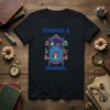 Strange & Unusual t-shirt design with a mystical cabinet filled with potions, books, and mushrooms