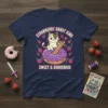 Strawberry Donut King Sweet & Dangerous t-shirt featuring a cat on a donut with strawberries and bold text