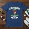 Strawberry Golf Club text with cartoon strawberry golfer on a navy blue t-shirt design
