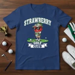 Strawberry Golf Club text with cartoon strawberry golfer on a navy blue t-shirt design