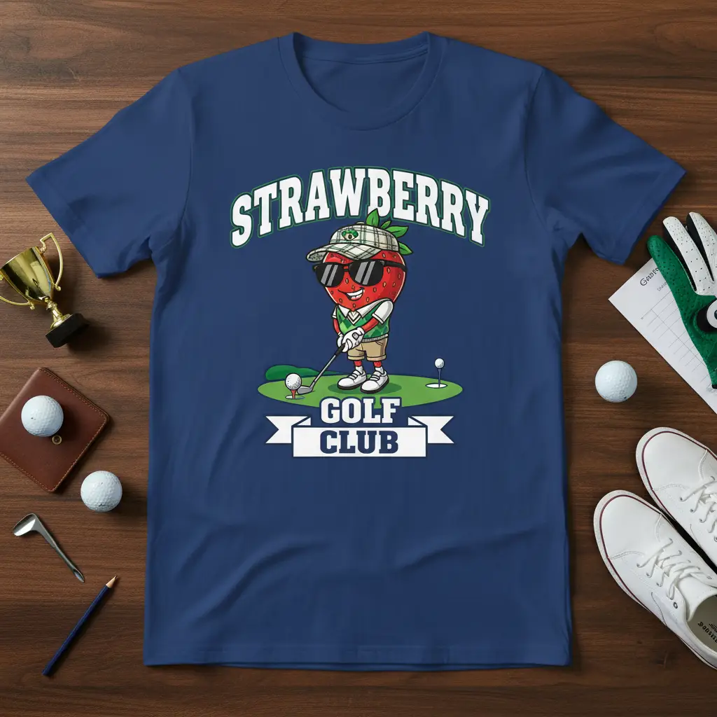 Strawberry Golf Club text with cartoon strawberry golfer design on a t-shirt