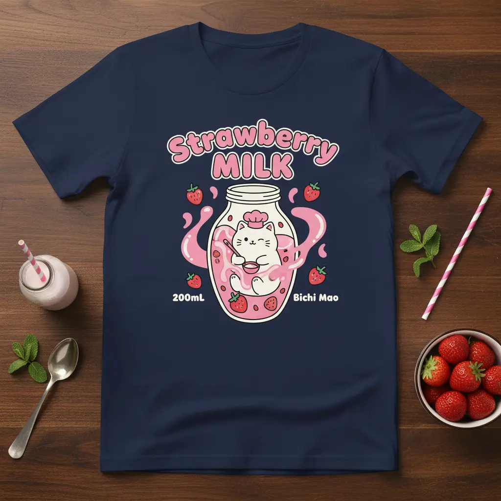 Strawberry Milk Bichi Mao Cute Cat Tee for Kawaii Lovers