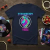 Strawberry Vibes text above a geometric strawberry graphic on a navy t-shirt, vibrant colors