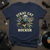 Stray Cat Rocker t-shirt design with a skeleton playing a guitar, featuring bold text and lightning graphics