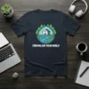 Streamline Your World t-shirt design with a house, river, trees, and circuit board elements