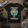Street Paws Urban Roar T-Shirt with a cool cat wearing a bandana and denim jacket, street art style