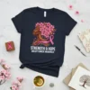 Strength & Hope Breast Cancer Awareness T-Shirt featuring a woman's profile with flowers and a pink ribbon