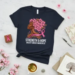 Strength & Hope Breast Cancer Awareness T-Shirt featuring a woman's profile with flowers and a pink ribbon