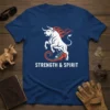 White bull with flames graphic and "STRENGTH & SPIRIT" text on a navy blue t-shirt