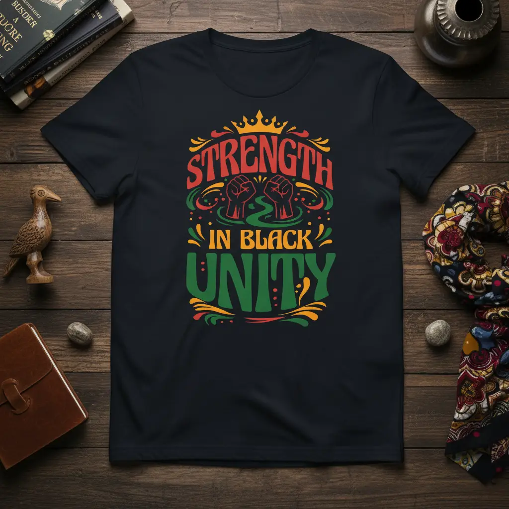 Strength in Black Unity text design with raised fist graphics, crown, and decorative swirls on a black tee
